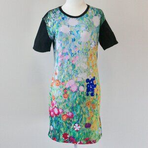 Unique Black Floral Painting Colorful Everyday Summer T-Shirt Dress Small